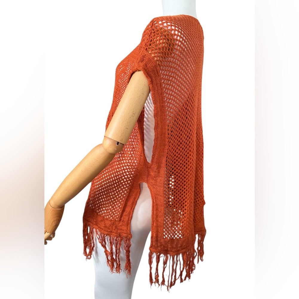 Boho Women’s Crocheted Poncho Swim Cover Up Fringe Hem Pumpkin Spice Rust - Picture 4 of 11
